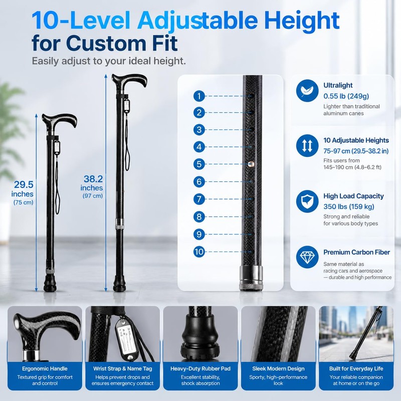 Carbon Fiber Walking Cane for Men & Women Seniors, Adjustable