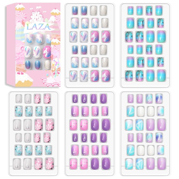 Laza 120pcs Children Nails Press On Pre-glue Full Cover Glitter Gradient Color Rainbow Sparkling Scale Wave AquariusShort False Nail Kits for Kids Teenager Girls - Silver Pearl