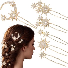 6Pcs Star & Moon Hair Pins Set, Celestial Wedding Hair Accessories for Brides, Rhinestone Starburst Hair Jewelry, Golden Moon Headpiece for Prom, Music Festival & Bridal Shower Gift