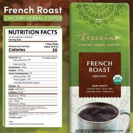 Teeccino French Roast Chicory Coffee Alternative, 11 Ounce: Ground Herbal Coffee That’s Prebiotic, Caffeine-Free & Acid-Free, Dark Roast, with Carob and Chicory, No artificial flavors