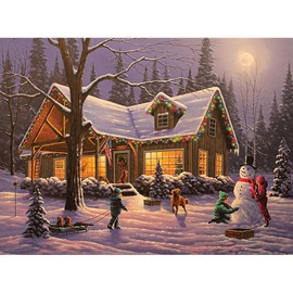 Bits and Pieces - 300 Large Piece Glow in The Dark Puzzle for Adults - Family Traditions by Artist Geno Peoples - Winter Christmas Cabin - Holiday - 300 pc Jigsaw