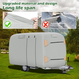Upgraded Durable Waterproof Fiberglass Travel Trailer Cover, Heavy Duty Ripstop Fiberglass Trailer RV Cover, Anti-UV Windproof All Season Protection for RV(8-10ft)