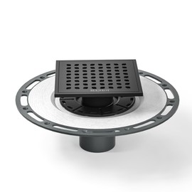 Bernkot Square Shower Drain, 6" Matte Black with PVC Bonding Flange Base 304 Stainless Steel Drain Grate Removable with Stainless Drain Key for Low Profile Shower Tiles, CUPC Certified