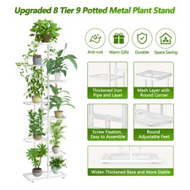 Corner Plant Stand Indoor 8 Tier 9 Potted with Gardening Tools and Gloves, Upgraded Tall Metal Plant Shelf Organizer Outdoor, Multiple Flower Pot Holder Display Rack for Patio, (8 Tier-White)