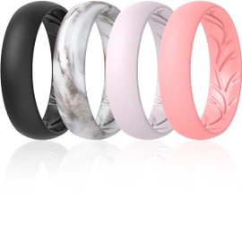 ThunderFit Women Silicone Wedding Bands, Breathable Leaf Cross Pattern Engagement Rings 5.5mm Wide 1.6mm Thick - 1/4 Variety Multipack (Black, Marble, Light Pink, Light Red, Size 7.5-8 (18.2mm))