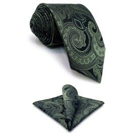 S&W SHLAX&WING Men's Tie Paisley Dark Green Silk Long, Tie 147 cm x 8 cm + pocket handkerchief