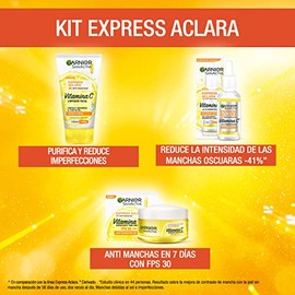 Kit Garnier Express Aclara Rutina anti manchas con Vitamina C: Sérum facial, crema hidratante y gel limpiador, 3 piezas. Hidrata, ilumina y unifica el