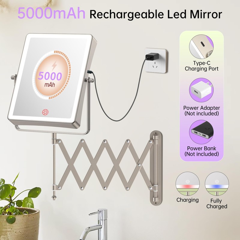 FASCINATE 5000mAh Rechargeable Wall Mounted Makeup Mirror with Lights, 8.7