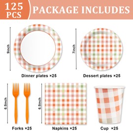 EggSun Orange Gingham Plates and Napkins Party Supplies,Orange and White Disposable Tableware Set,Checkeorange Plaid Paper Plates for Birthday Family Dinner Picnic Barbecue Baby Shower Decor Serves 25