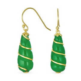 Long Green Jade Tear Drop Earrings for Women Classic Elegant Genuine Gemstone 14K Yellow Gold Overlay Accent .925 Sterling Silver French Hook, Yellow Gold, Jade
