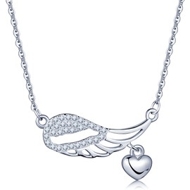 Infinite U Elegant Angel Wing Heart 925 Sterling Silver Cubic Zirconia Pendant Necklace Necklet for Women/Girls, Silver