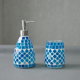 ELEGANTZ Bathroom Accessory Set – Mosaic Bathroom Accessories Set with Glass Soap Dispenser and Toothbrush Holder – Decorative Bathroom Accessories Countertop for Modern Bathroom Decor