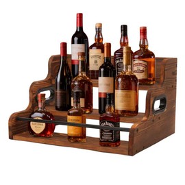 Fengligoo 3-Tier Wood Bottle Display Shelf, Modern Liquor Bottle Rack Organizer, Brown Countertop Wine Rack Bar Shelves Stand Essentials for Liquor Storage