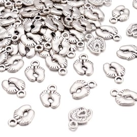 Pandahall 100pcs Tibetan Style Alloy Baby Foot Print Pendants Charms forLove Mom Jewelry Making Supplies Bracelet Keychain Gifts Baby Shower Antique Silver 14x10mm/0.55x0.39inch