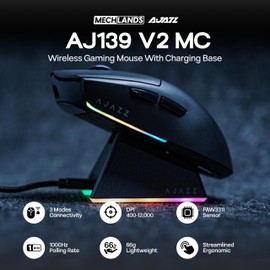 MechLands AJAZZ AJ139 V2 MC Gaming Mouse with Charging Base, Adjustable 12,000 DPI, PAW3311 Sensor, 3 Modes Wireless Mouse, 500mAh Battery, 1000 Polling Rate, 66g Lightweight, Win/Mac (Black)