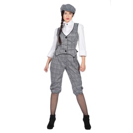 WILBERS & WILBERS 20s Women's Glencheck Suit Knickerbocker Black and White Vest Flat Cap, gray