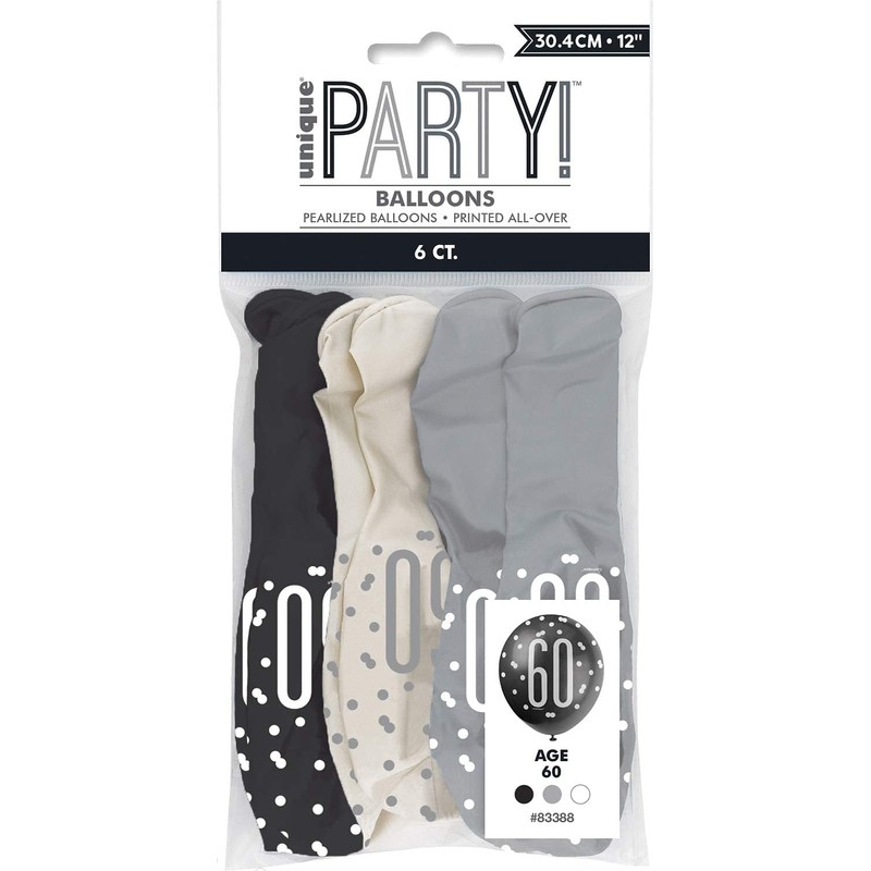 Dazzling 60th Glitz Black, Silver & White Premium Latex Balloons