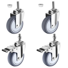 Fixhando 4 inch Stainless Steel Caster Wheels Heavy Duty, 3/8"-16x1 Threaded Stem Casters with Brake, Rust Resistant, Non-Marking Slient TPR Rubber Wheels for Hospital, Lab,Furniture,Restaurant