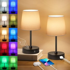 Ascher Small Bedside Table lamp Set of 2, RGB Color Changing Lamps, 3 Color Temperatures Nightstand Lamps with USB C and A Ports, Touch Dimmable Desk Lamp for Bedroom Living Room(White Shade)