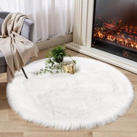Ciicool White Fluffy Rug Round Fur Area Rug for Bedroom, Circle Faux Fur Rug for Kids...