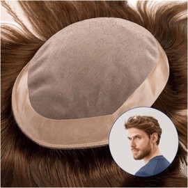 Peluquín para Hombres Sistema de cabello humano liso de 6 ", Mono fino y perímetro de PU for hombres, tupé 120% de densidad 4#, tupé transpirable de Color marrón for hombres Peluca de Hombre Tupé de