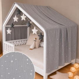 YellowNest House Bed Canopy - 100% Cotton - Bed Canopy House Bed Made of Muslin for Bed 90 x 190 and 140 x 200 cm - with Bunting Children's Room Star (Grey Bunting Star, 130 x 400 cm)