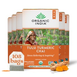 Organic India Tulsi Turmeric Chai Tea - Herbal Tea Bags with Caffeine, Ginger Root, Cinnamon, Holy Basil, Stress Relieving and Energizing, Immune Support, Helps Digestion - 18 Count, Pack of 6