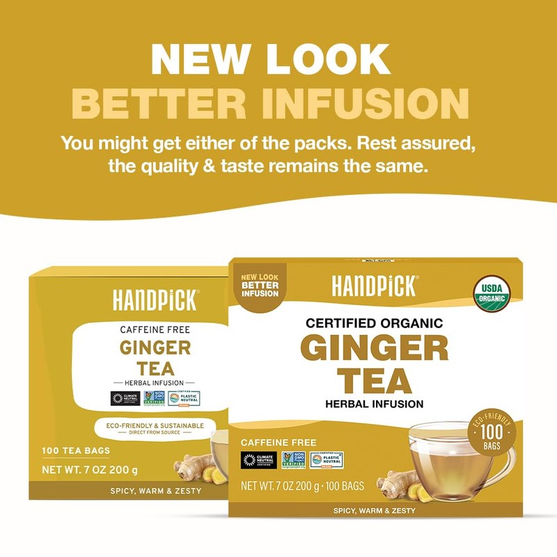 HANDPICK, Organic Ginger Tea Bags (100 Herbal Tea Bags), Caffeine