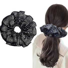 Black Large Lattice Ruffles Lace Women's Paisley Scrunchies for Hair, oversized lace floral hair ties ponytail Jumbo Big thick curly hairs bun