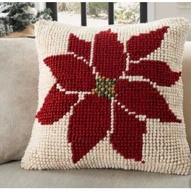 Mina Victory Holiday Christmas Ivory/Red Poinsettia Flower Decorative Throw Pillow 22" x 22"