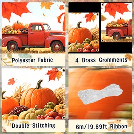 Welcome to Our Patch Large Banner 120x20 Inch, Happy Fall Autumn Harvest Pumpkin Maple Leaf Flag Holiday Party Farmhouse Decor Polyester Outdoor Hanging Banner with Reinforced Double Stitched Edges & 19.69ft Ribbon