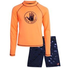 Body Glove - Traje de baño para niños con protector de erupciones UPF50+ 2 piezas con pantalones cortos (talla 4-12), Tiburones Naranjos, 8