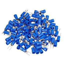 GFORTUN 100pcs Fork Terminals Blue Insulated Fork Spade U-Type Wire Connector Electrical Cable Crimp Terminals 16-14AWG (SV2-4S #8)