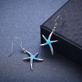 Starfish Earrings, 925 Sterling Silver with Blue Opal Fish Hoops Earings, Nautical Hawaiian Sea Beach Earrings, Starfish Jewelry for Women Starfish Lovers