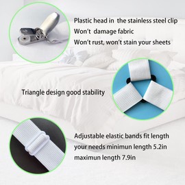 4 PCS Elastic Sheet Straps, Bed Sheet Clips to Keep Sheets in Place, Bed Sheet Fasteners Clips, Adjustable Triangle Sheet Holder Straps