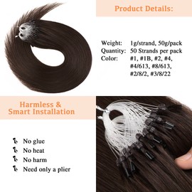 Micro Loop Hair Extensions Real Human Hair 1g/Strand 50s/Pack Straight Hair Pre-Blonded Micro Beads Hair Extensions Micro Rings(14 inch, 2 Dark Brown)