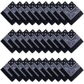 Tergy 30PCS Bandanas Unisex Paisley Bandanas Bulk Multi-Purpose Headband Cowboy Head Wrap Scarf for Women Men Boys Girls, 30pcs Black, standard