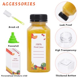 OBKJJ Plastic Juice Bottles 150 pcs 8 oz Empty Plastic Water Bottles with Caps Reusable Clear Beverage Containers for Drinking, Juicing, Smoothie, Water with 2 Brushes, 2 Funnels, 160 Stickers (8 OZ)