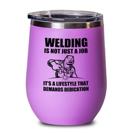 Welder Pink Wine Tumbler 12oz - demands dedication - Welding Tool Welder Ironworker Pipefitter Welding Supplies Welding Gifts Welder Dad