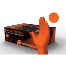 Heavy Duty Super Strong Orange Grip Nitrile Gloves PF 8 mil |Mechanical|Industrial| Engineering|Lab|Food|Cleaning|Plumbing| Gardening Box of 50 Gloves (Orange, MEDIUM)