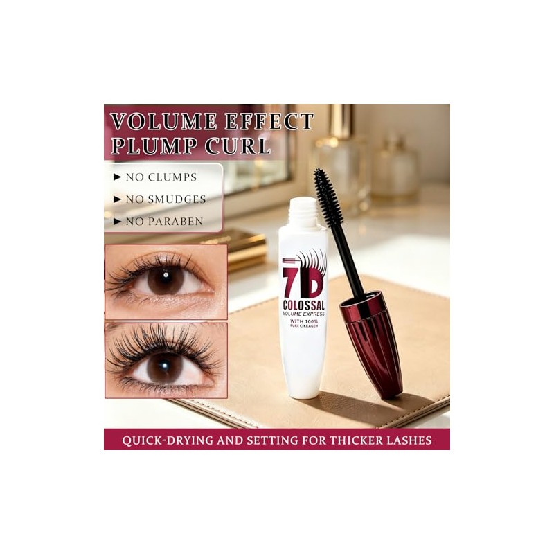 7D Waterproof Mascara, Long Lasting Buildable Volume Natural Curling Lashes,Smudge-Proof,