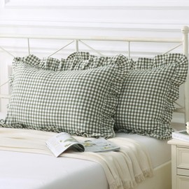 Silnuo Green/White Plaid Ruffled Queen Size Pillow Covers Pillow Shams Washed Cotton Shabby Checkered Gingham Pillowcases Farmhouse Bed Pillow Cases 20"x30"
