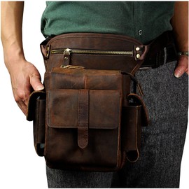 Le'aokuu Mens Genuine Leather Messenger Motorcycle Hip Bum Waist Pack Drop Leg Cross Over Thigh Bag 913-5 (0 913-5 Brown)
