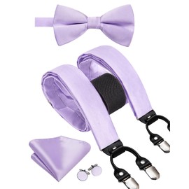 Hi-Tie Mens Y-shape Suspender Bowtie Set Adjustable Strong Brace 6 Metal Clips for Wedding Business Party,Light Purple