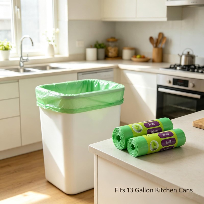 Tall Kitchen Trash Bags 13 Gallon, Easy Tear Green 60