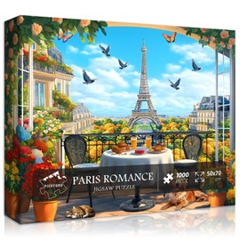 Paris Jigsaw Puzzles 1000 Pieces, Flower Landscape Scenery Puzzle Features Bird Dog Cat Butterfly, Eiffel Tower Nature Scenic Floral Challenge for Adults