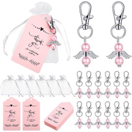 Hicarer - Juego de 60 llaveros de ángel para baby shower para niños y niñas, regalos de boda para invitados, 60 bolsas de organza blancas con etiquetas de agradecimiento para suministros de fiesta de cumpleaños (rosa)