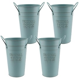MOUYAT 4 Pack 8 Inch Vintage Metal Galvanized Flower Vase, Tall Galvanized Metal Planter Bucket with Handles, Farmhouse French Bucket for Centerpiece Wedding Decor, Floral Arrangements, Blue