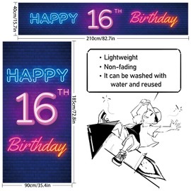 Neon Happy 16th Birthday Door Cover Porch Banner and Large Yard Sign Set Decor Colorful - Glow Neon Theme 16 Years Old Birthday Party Decoraions for Boys Girls Supplies