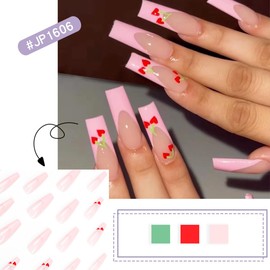 French Tip Press on Nails Long Coffin Acrylic Nails Heart Fake nails Pink Valentines False Nails with Red Heart Design Glue on Nails Coffin Nails Tip Full Cover Stick on Nails for Women Manicure 24Pcs